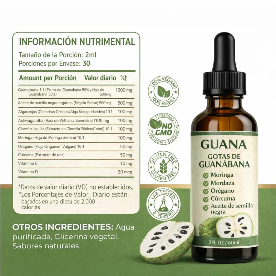 Gotas de extracto de guanábana 100% orgánico 10 en 1